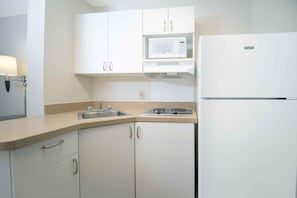 Fridge, microwave, stovetop, coffee/tea maker