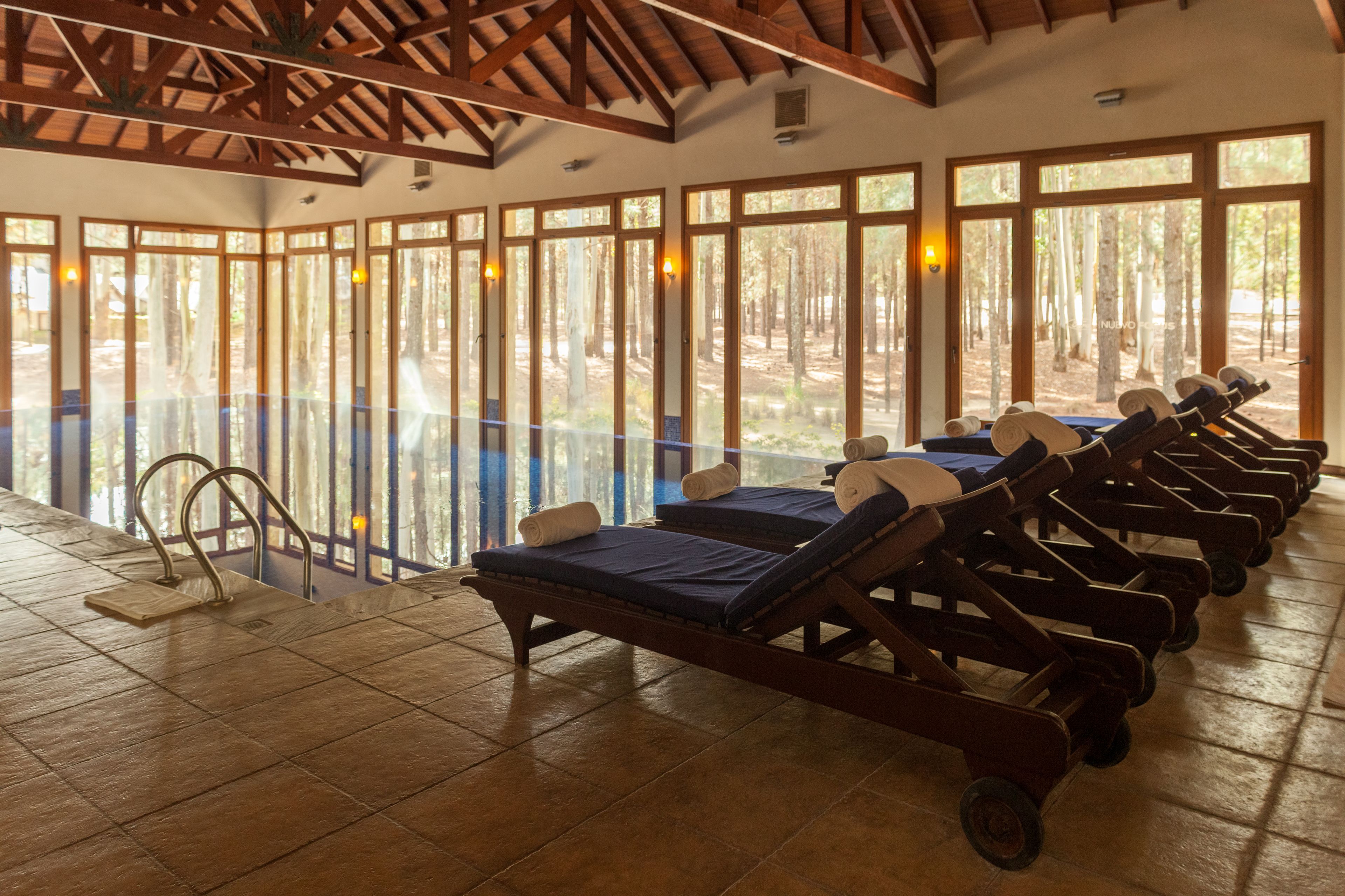 A spa area with a pool, sun loungers, and large windows offering views of the forest.