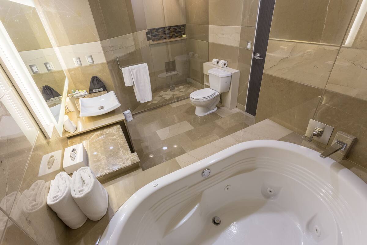 A modern bathroom with a glass-enclosed shower, a toilet, a sink, and a large bathtub.