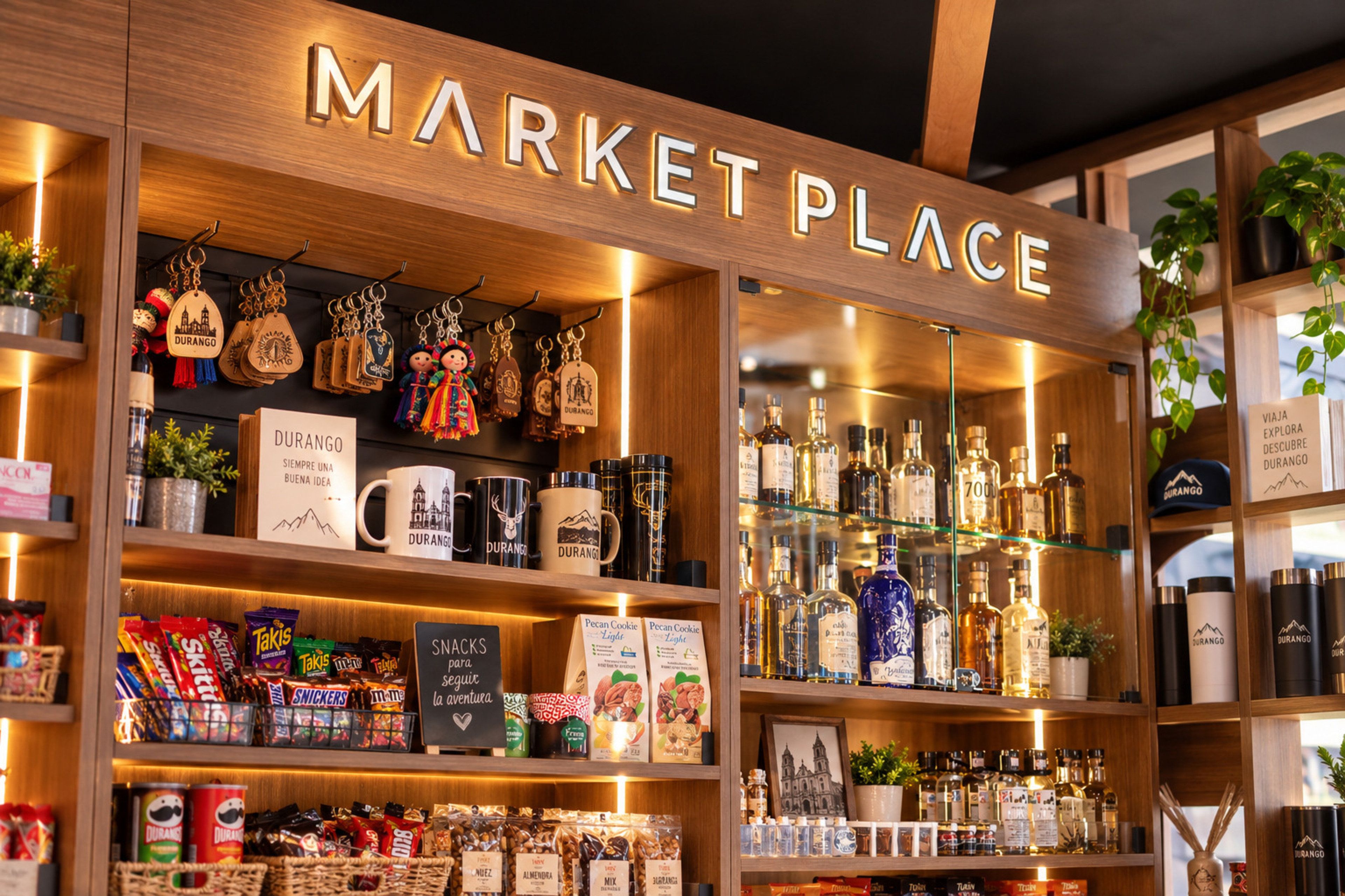 Un étal de marché avec une enseigne indiquant « MARCHÉ » et des étagères remplies de divers articles, notamment des en-cas, des tasses et des bouteilles.