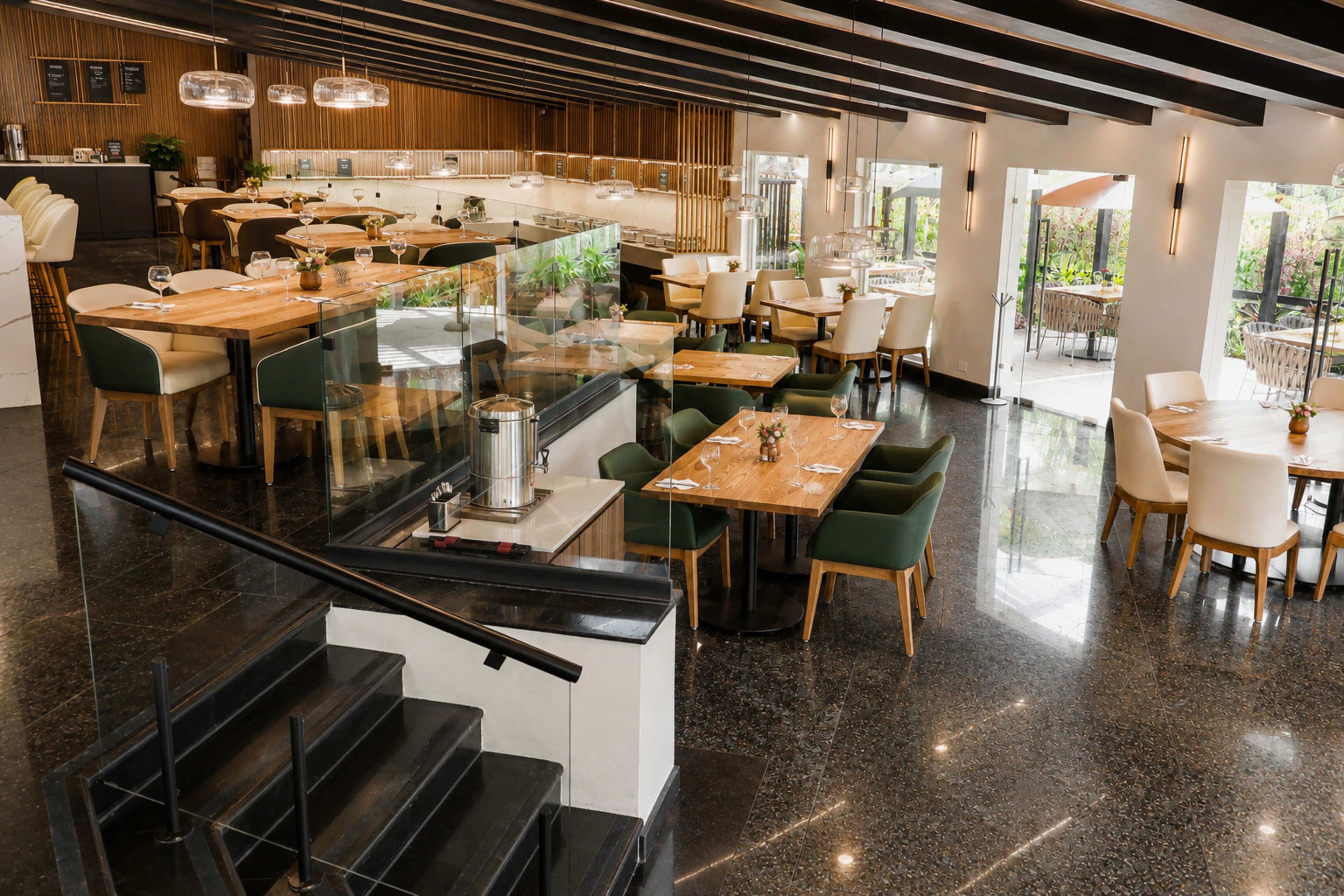Un restaurant moderne offrant différents types de sièges, notamment des tables et des banquettes, et un escalier menant à un niveau supérieur.
