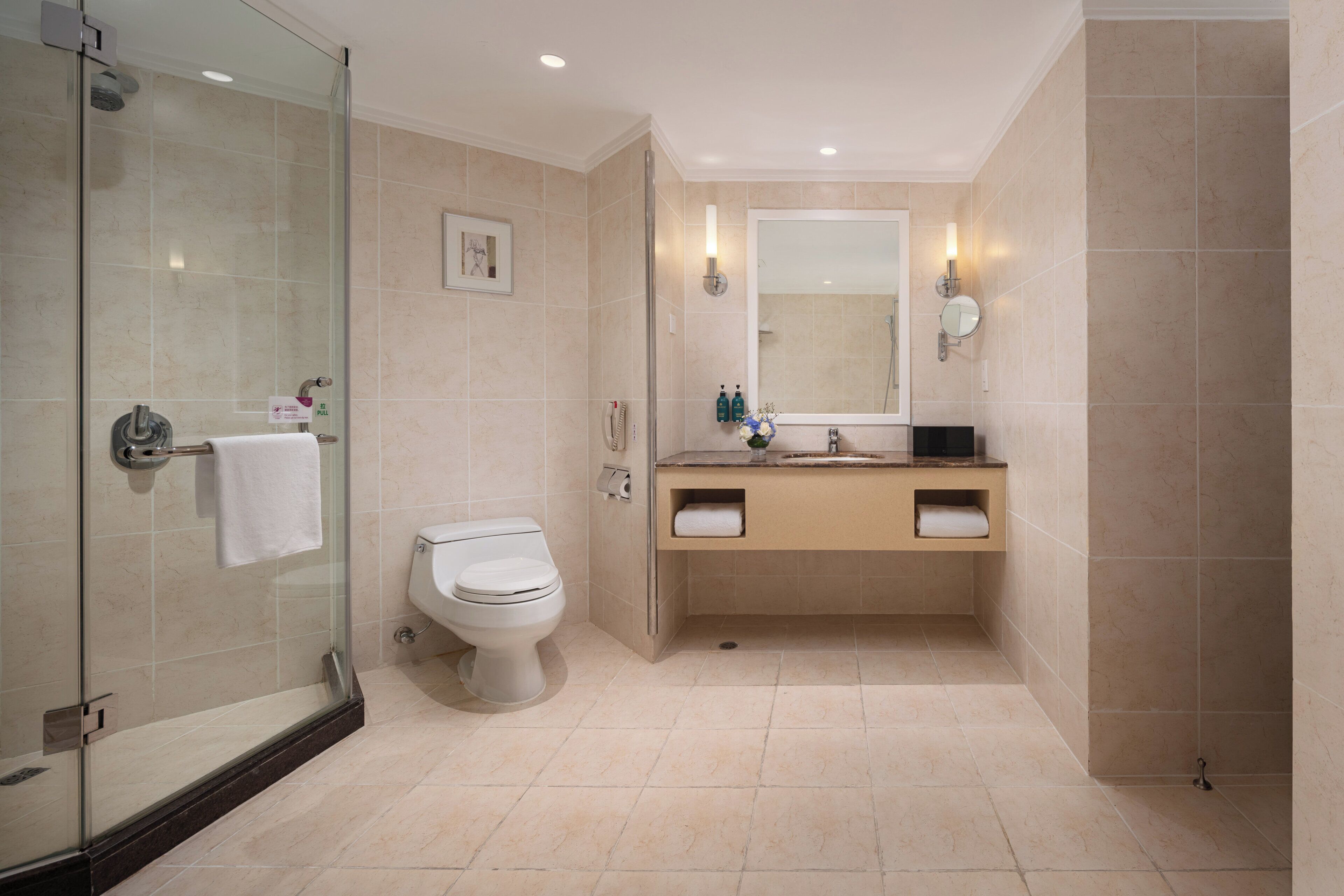 A modern bathroom with a glass-enclosed shower, a toilet, and a vanity with a mirror and towel racks.