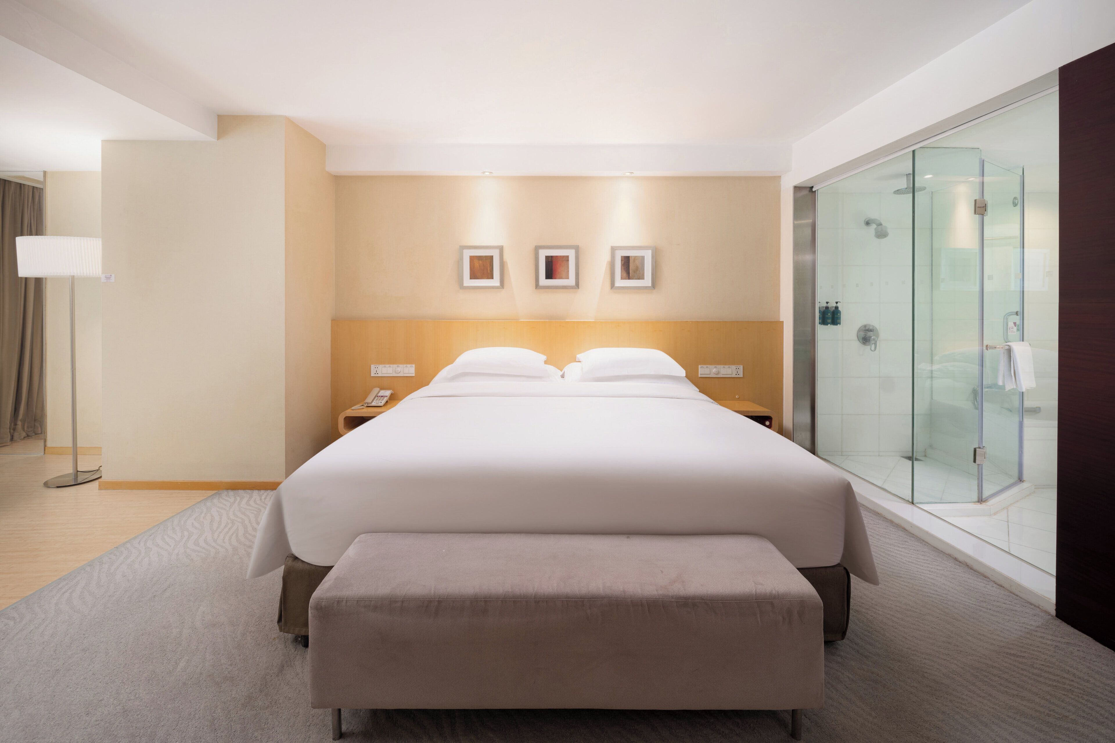 A modern hotel room with a large bed, a bedside table, a glass shower enclosure, and a floor lamp.