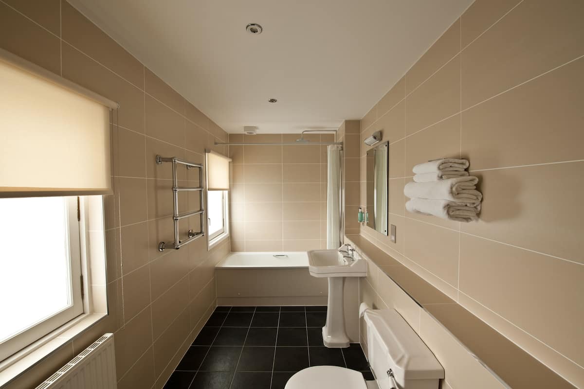 combined shower/bathtub, free toiletries, hair dryer, towels