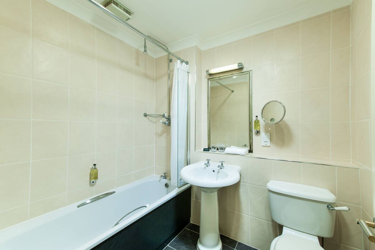 combined shower/bathtub, free toiletries, hair dryer, towels