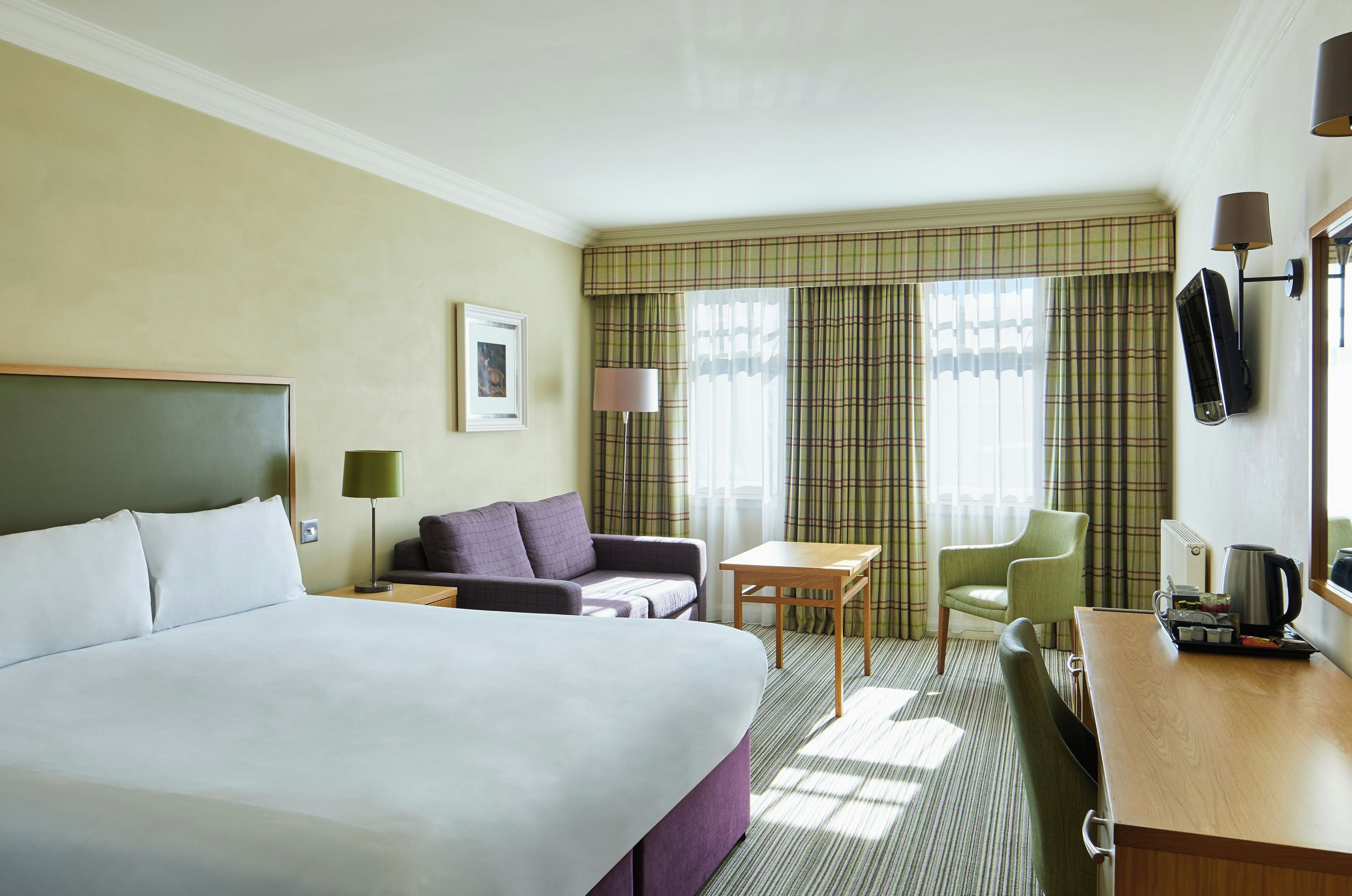 A hotel room with a large bed, a sofa, a small table, a chair, a desk with a kettle, and a television mounted on the wall.