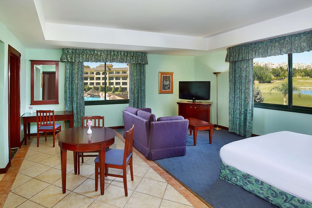 A hotel room with a bed, a TV, a dining table with chairs, a sofa, and a view of a building and greenery outside.
