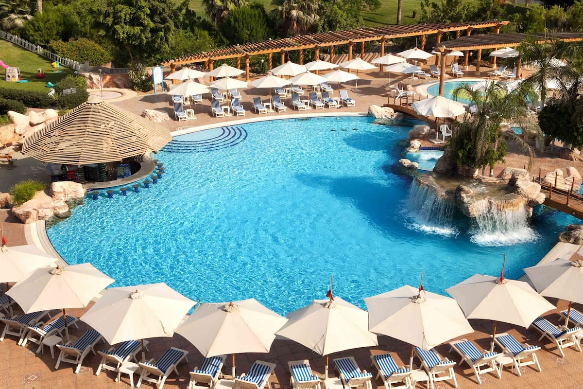 A large outdoor swimming pool with lounge chairs and umbrellas, surrounded by a wooden pergola and palm trees.