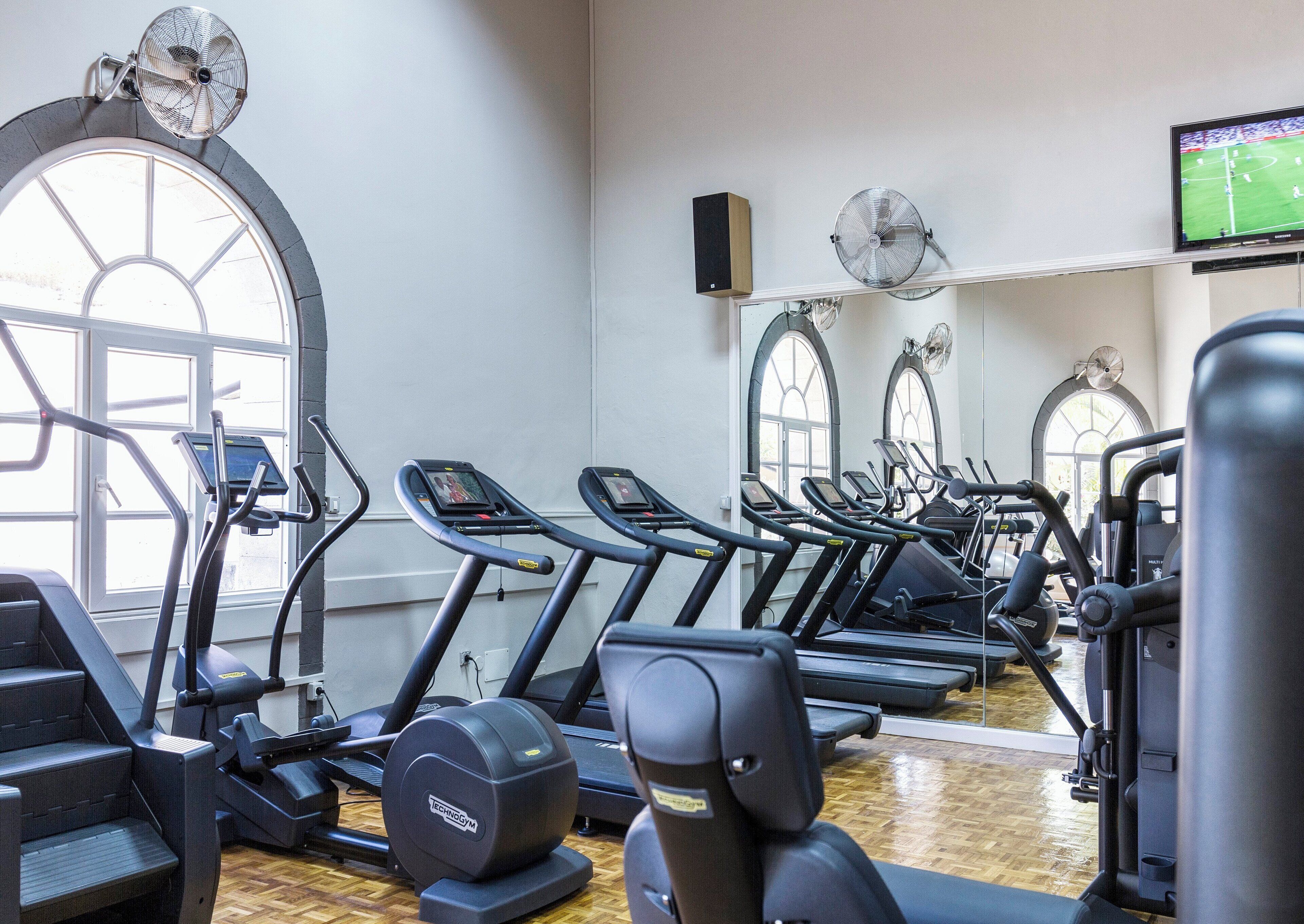 A gym with multiple treadmills, exercise bikes, and a large window providing natural light.