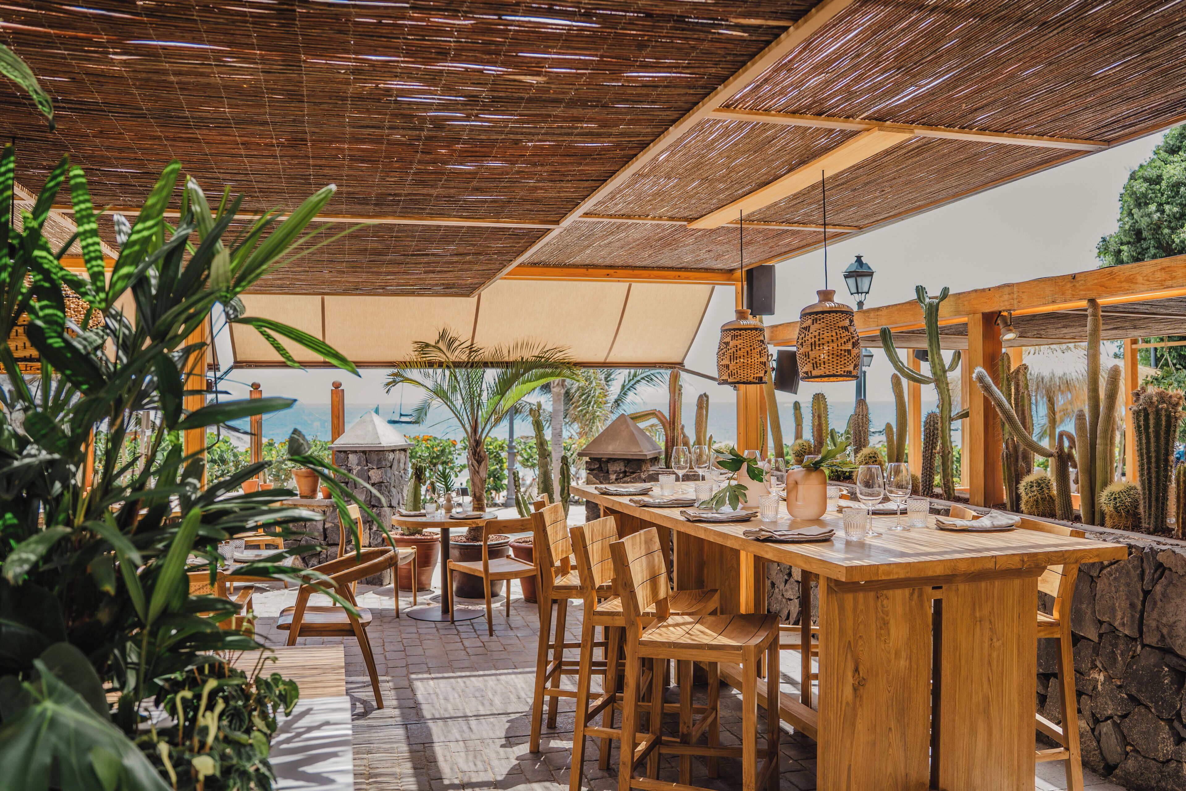 Un área de comedor al aire libre con mobiliario de madera, plantas en macetas y vista al océano.