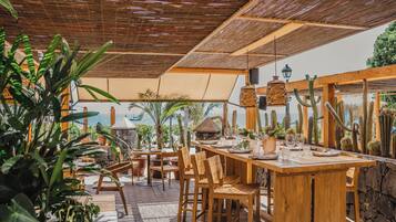 Un área de comedor al aire libre con mobiliario de madera, plantas en macetas y vista al océano.