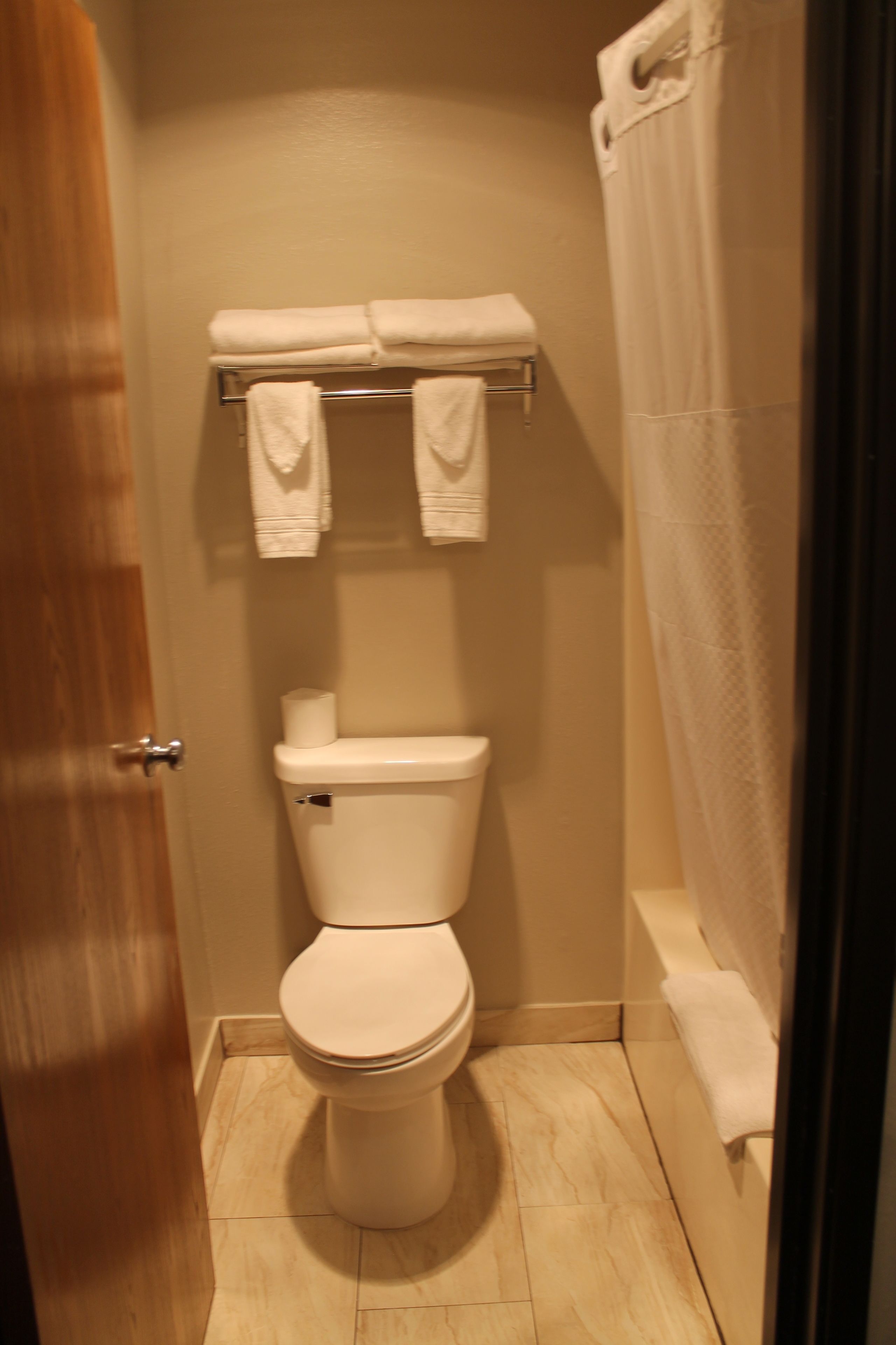 Un baño con inodoro, toallero y cortina de ducha.