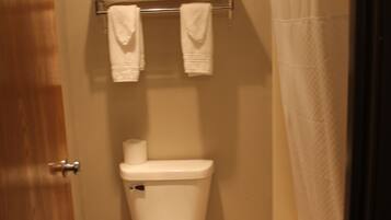Un baño con inodoro, toallero y cortina de ducha.