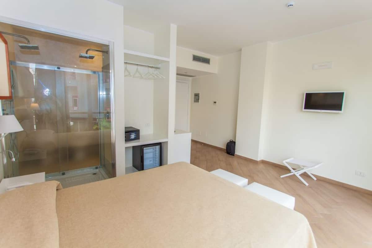 A modern hotel room with a bed, a TV, a shower area, and a small desk.