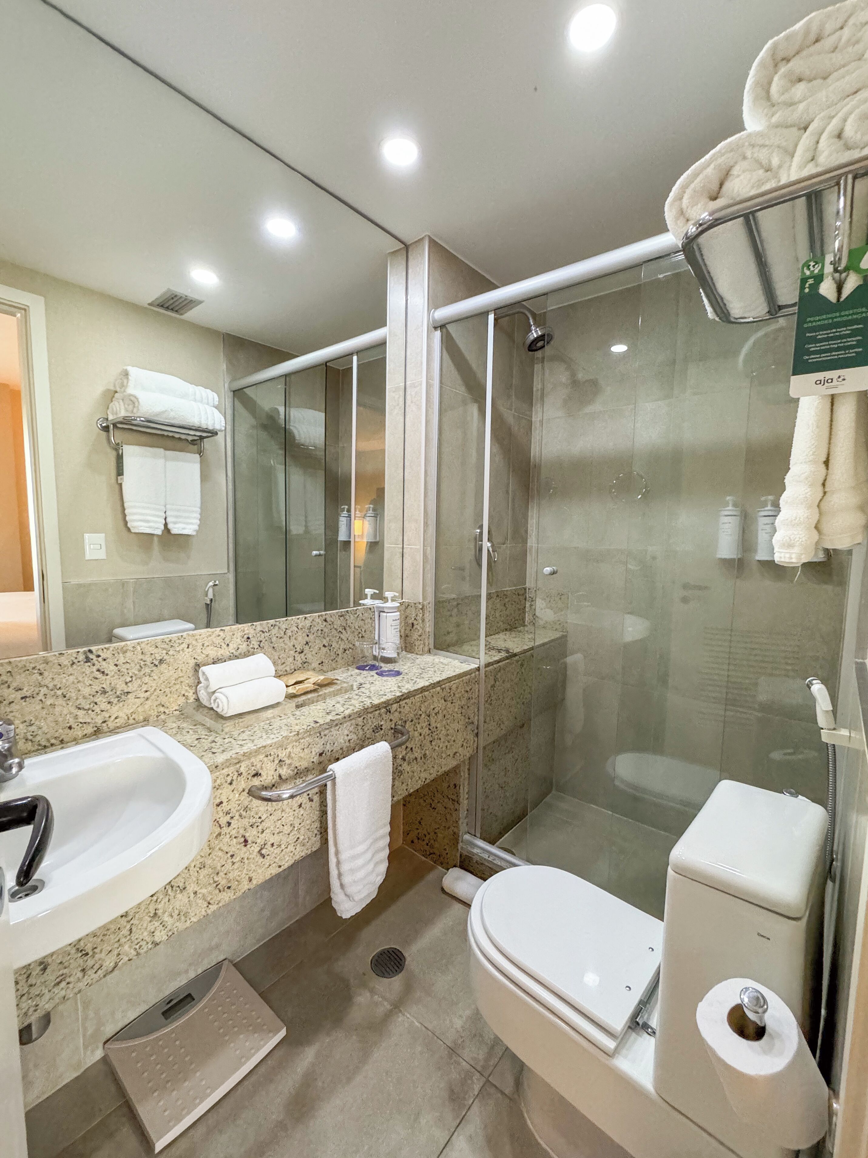 A modern bathroom with a granite countertop, a glass shower enclosure, a toilet, and a sink.