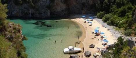 Beach nearby, sun loungers, beach umbrellas, beach bar