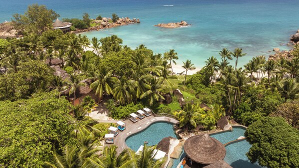 Outdoor pool, pool umbrellas, pool loungers
