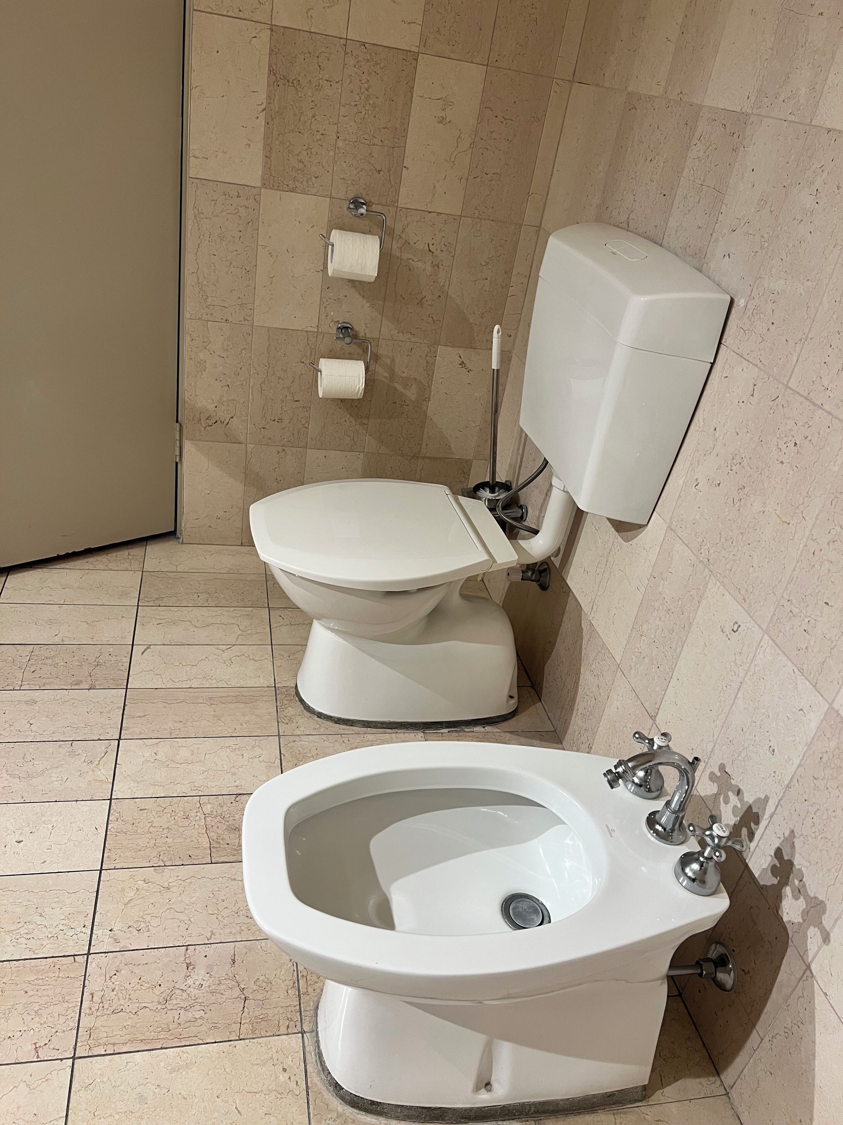 A bathroom with a toilet and bidet.