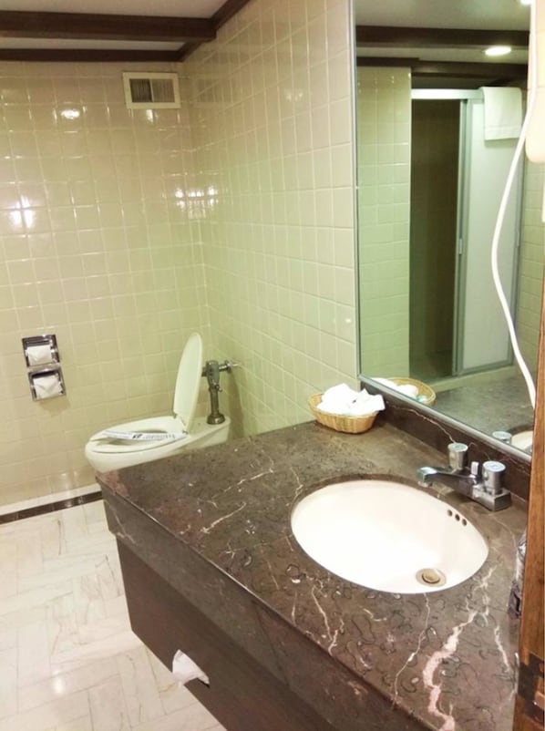 A bathroom with a marble sink, a toilet, and a mirror.