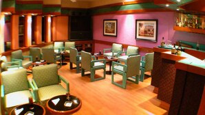 A bar area with green chairs and tables, a television, and framed pictures on the wall. - Segovia Regency Hotel (Mexico City)