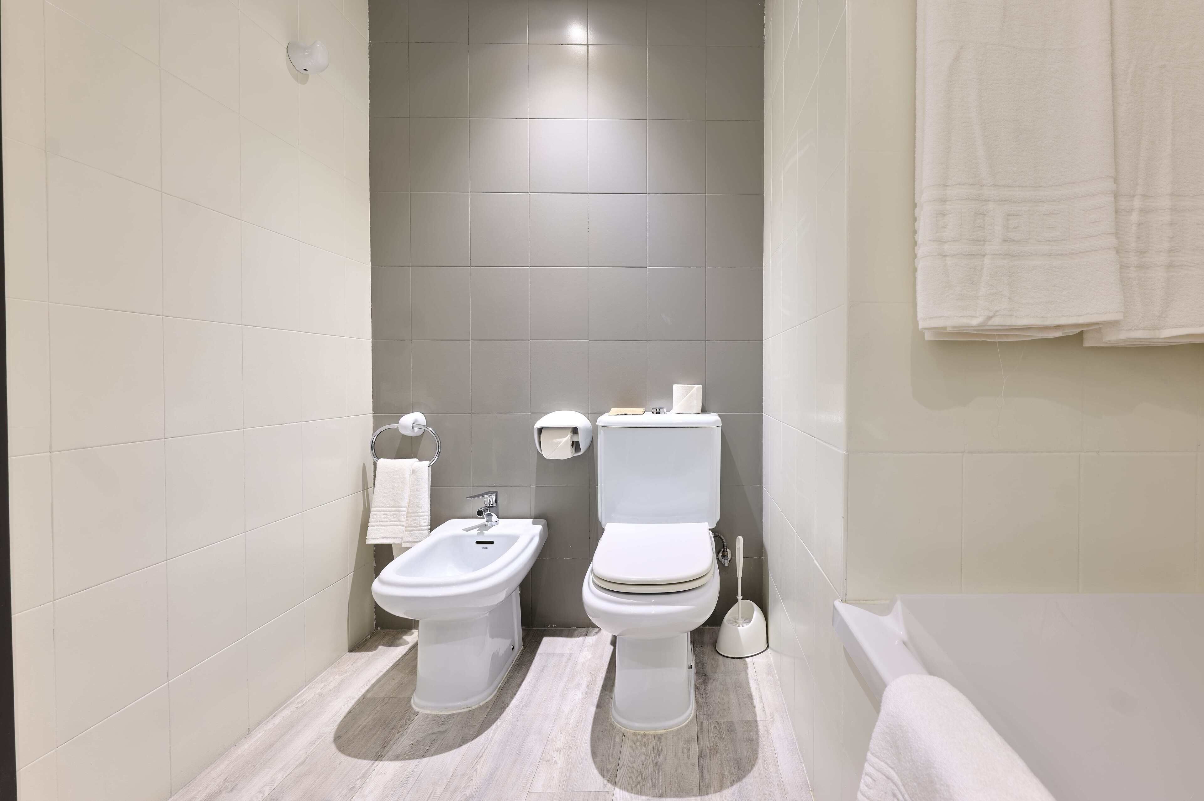 Un baño moderno con bidé, inodoro y bañera.