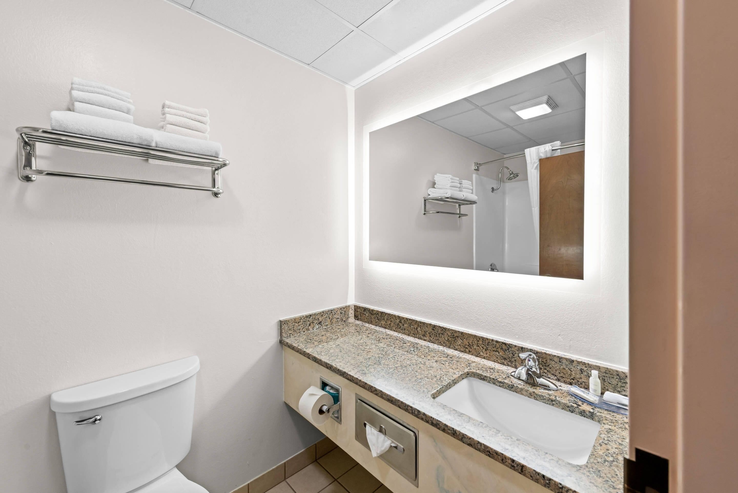 A bathroom with a toilet, sink, mirror, towel rack, and shower area.