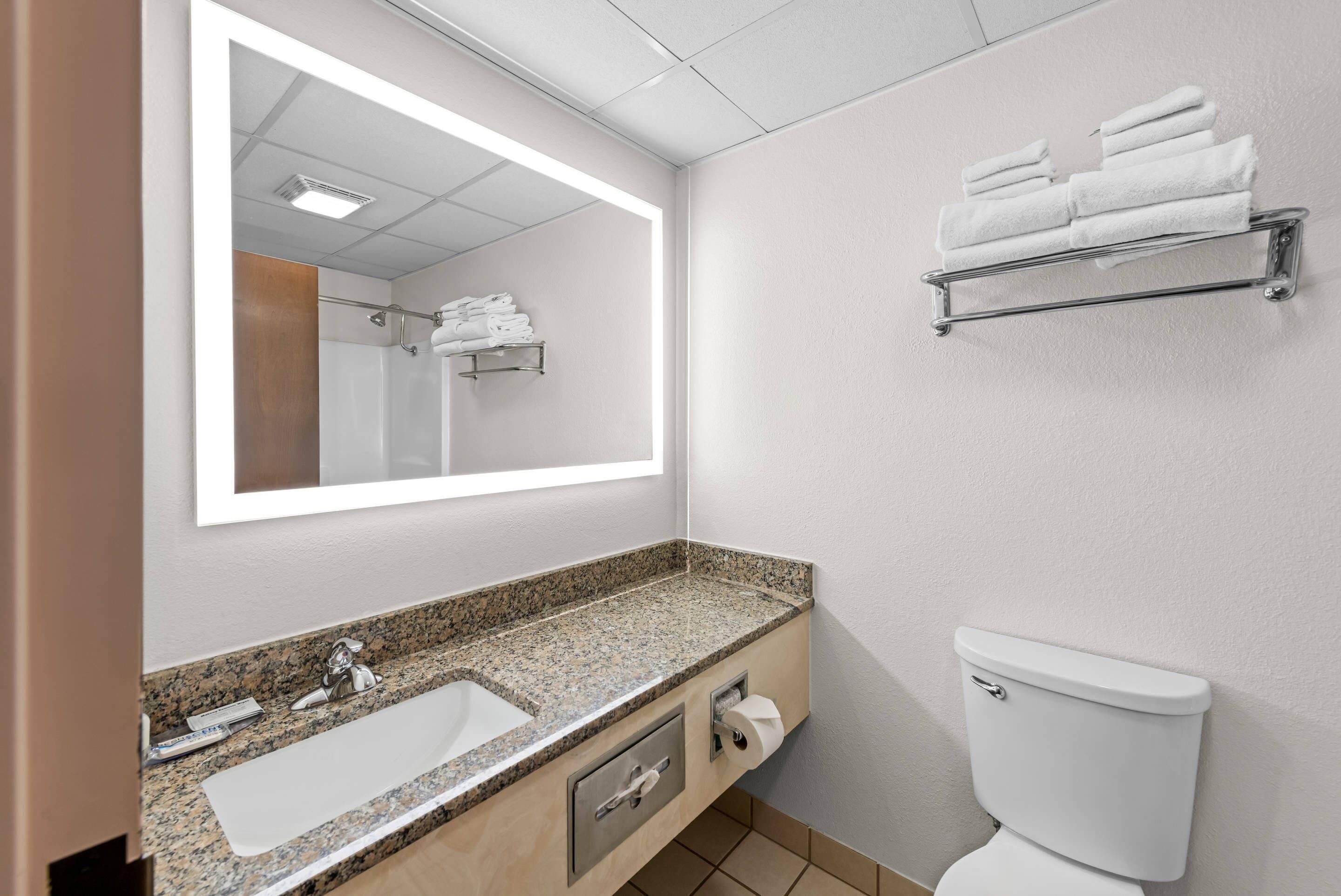 A bathroom with a granite countertop sink, a mirror, a toilet, and a towel rack.