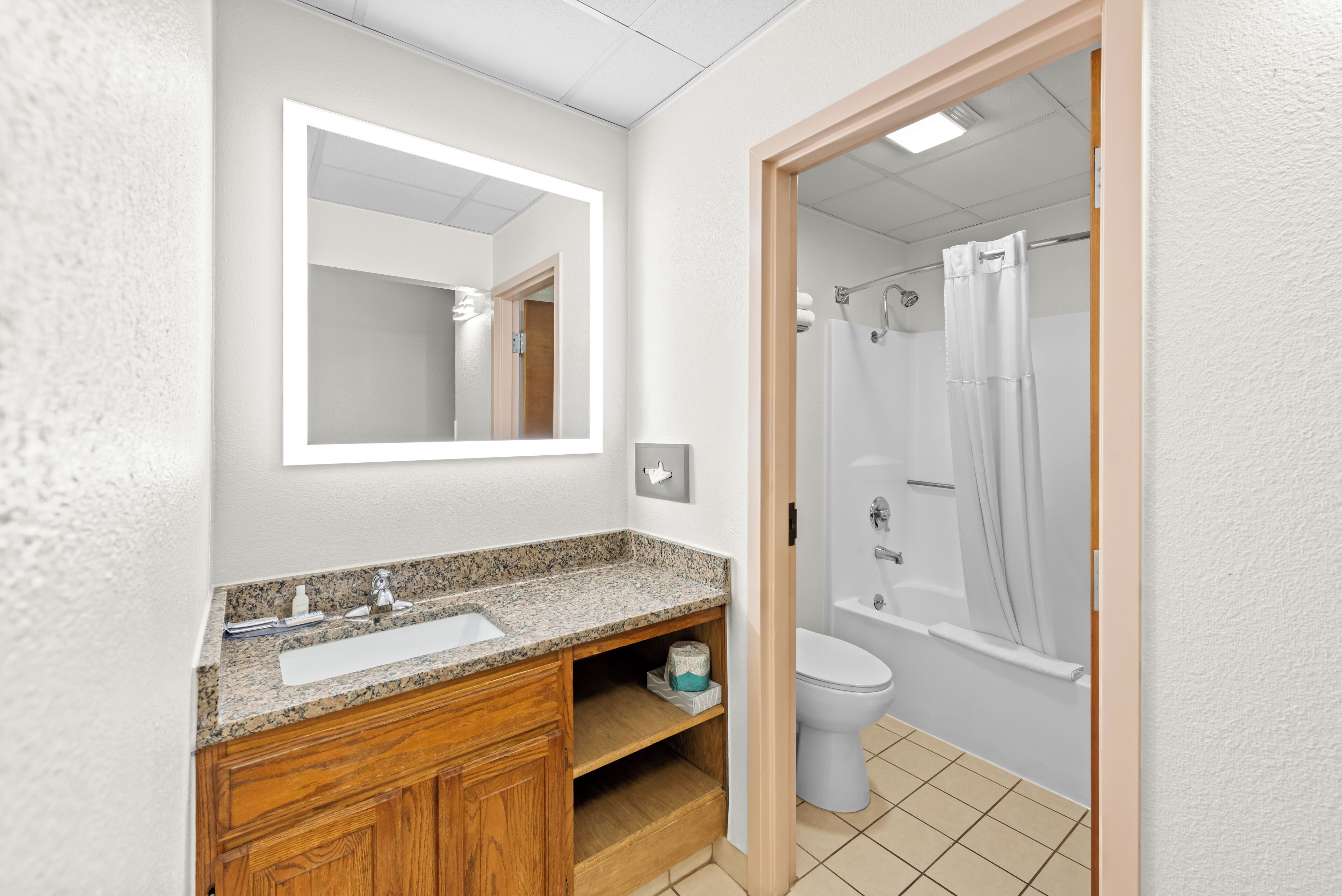 Une salle de bain avec un lavabo sur un plan de travail en granit, un meuble-lavabo en bois, un grand miroir, des toilettes et une douche avec un rideau.