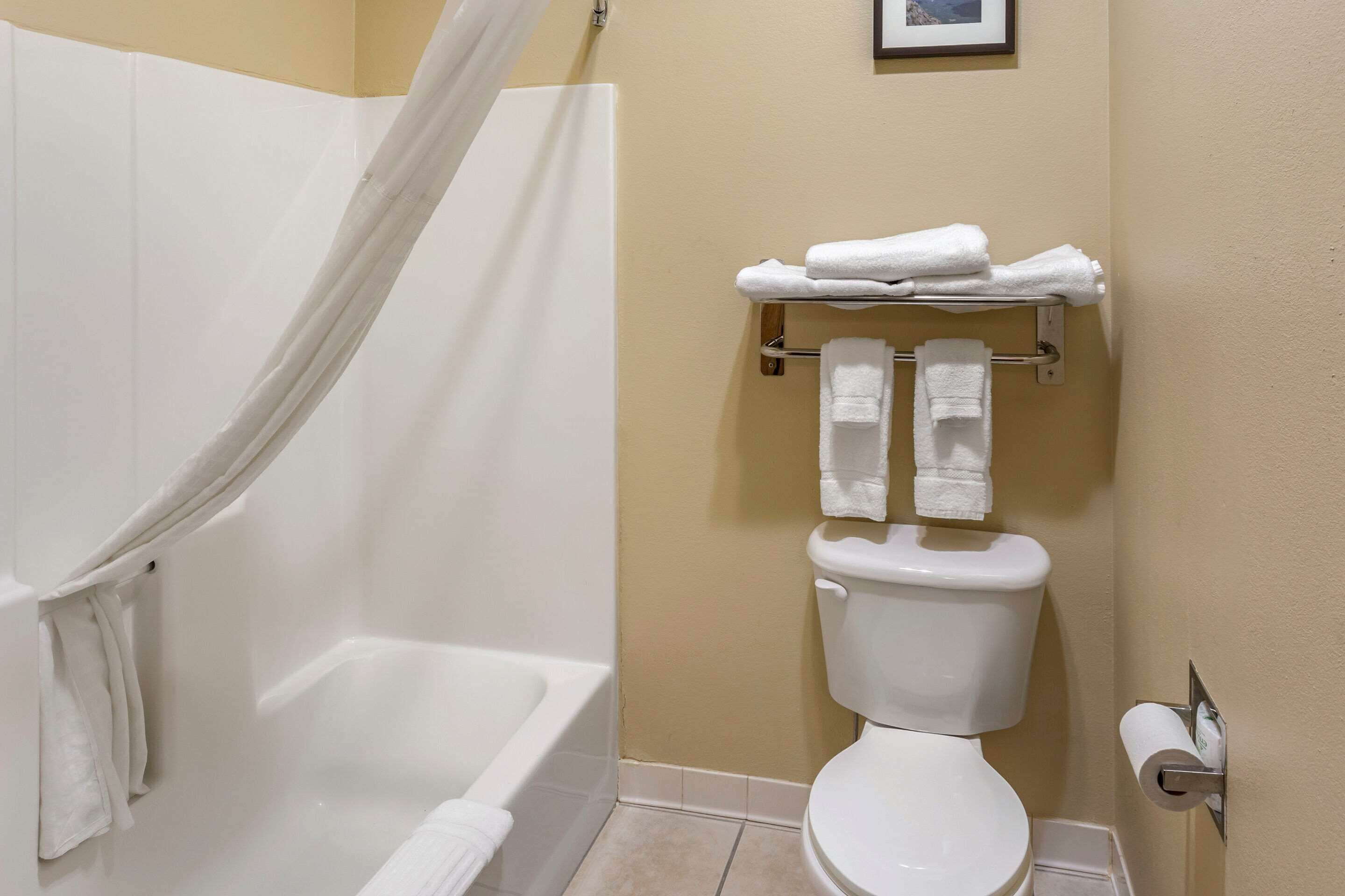 A bathroom with a bathtub, toilet, and towel rack.