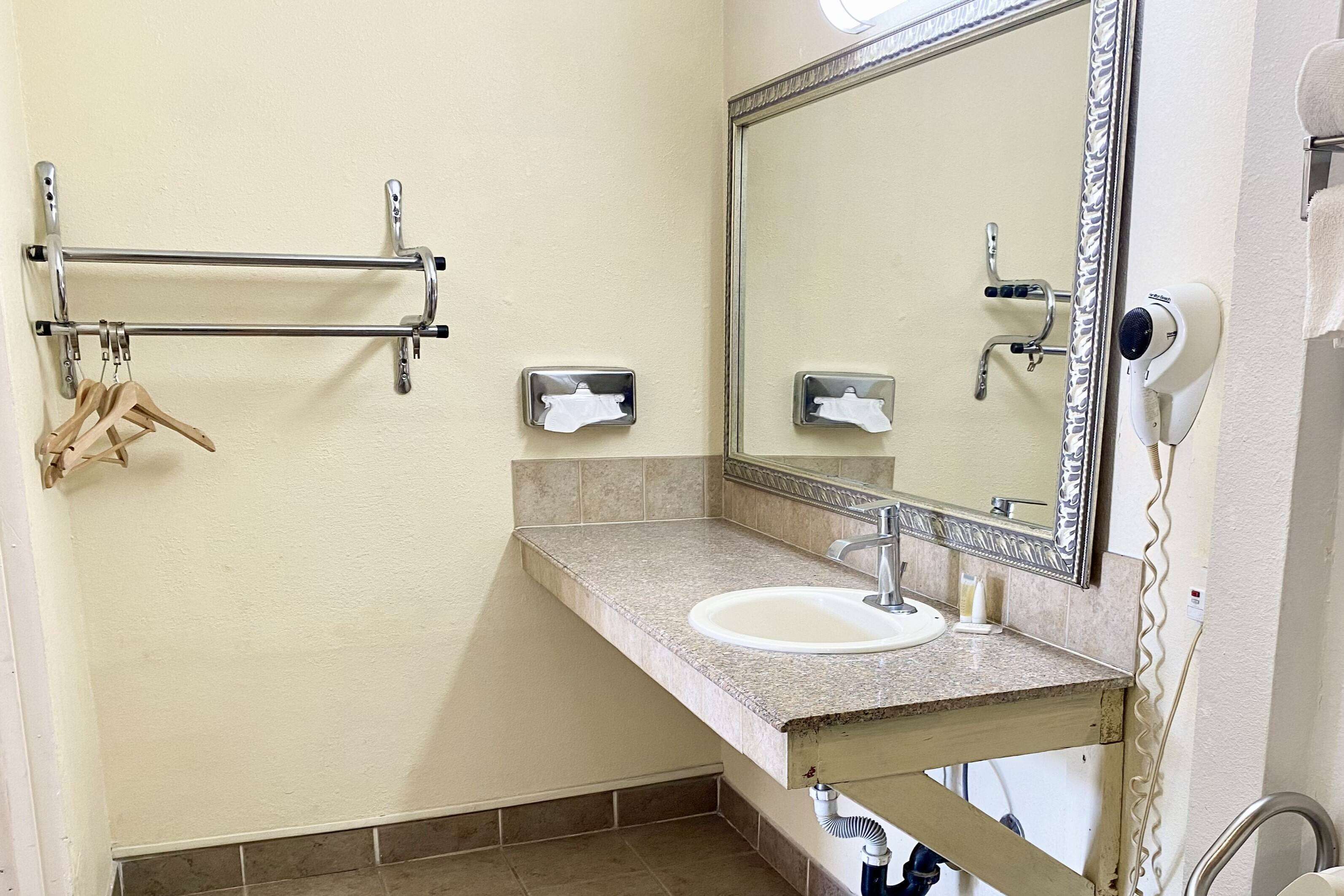 A bathroom with a sink, mirror, towel rack, and hairdryer.