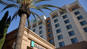 A hotel with a prominent palm tree in the foreground and a clear blue sky.