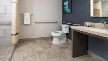 A modern bathroom with a toilet, bidet, vanity with a sink, and a shower area.
