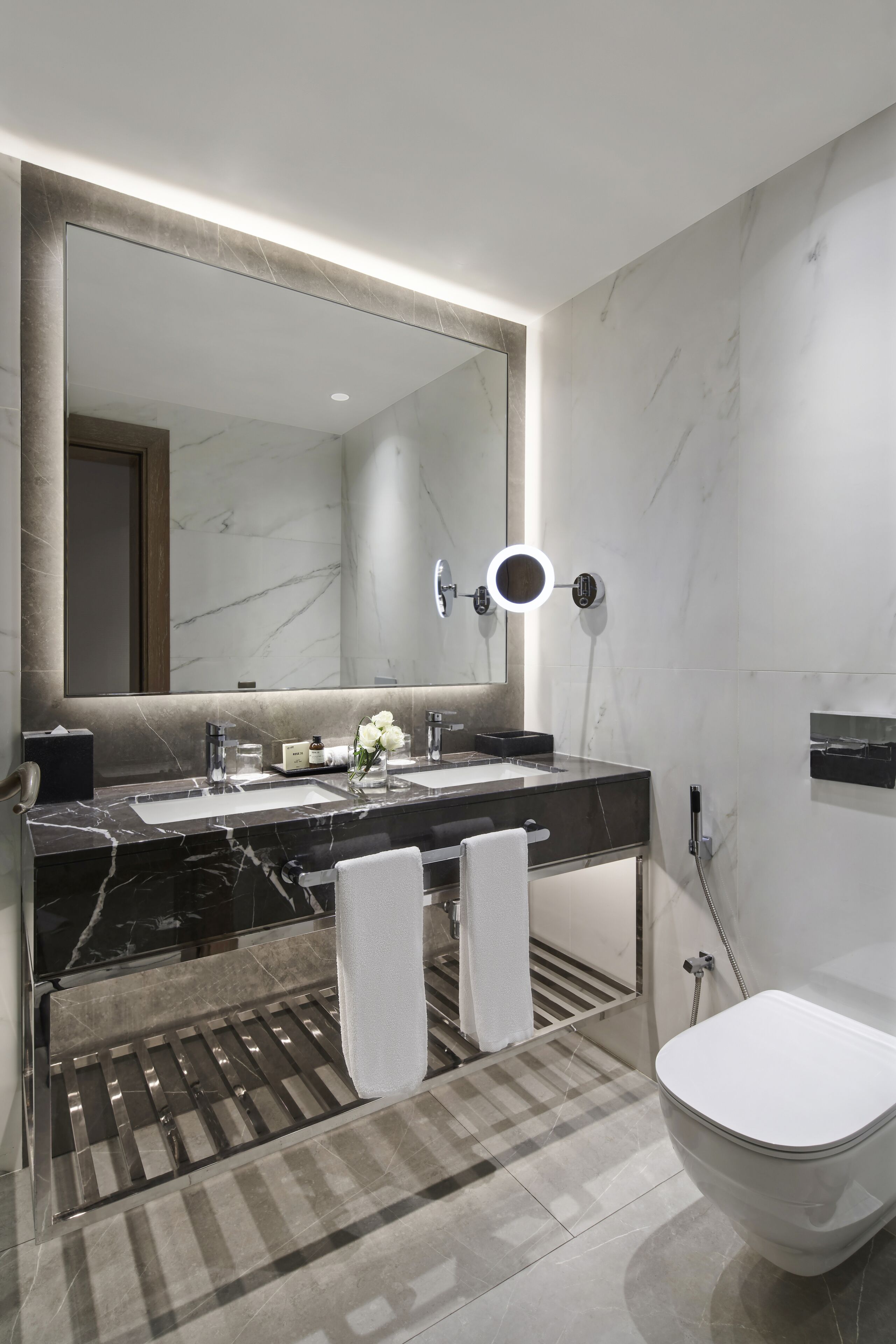 separate bathtub and shower, deep-soaking bathtub, designer toiletries