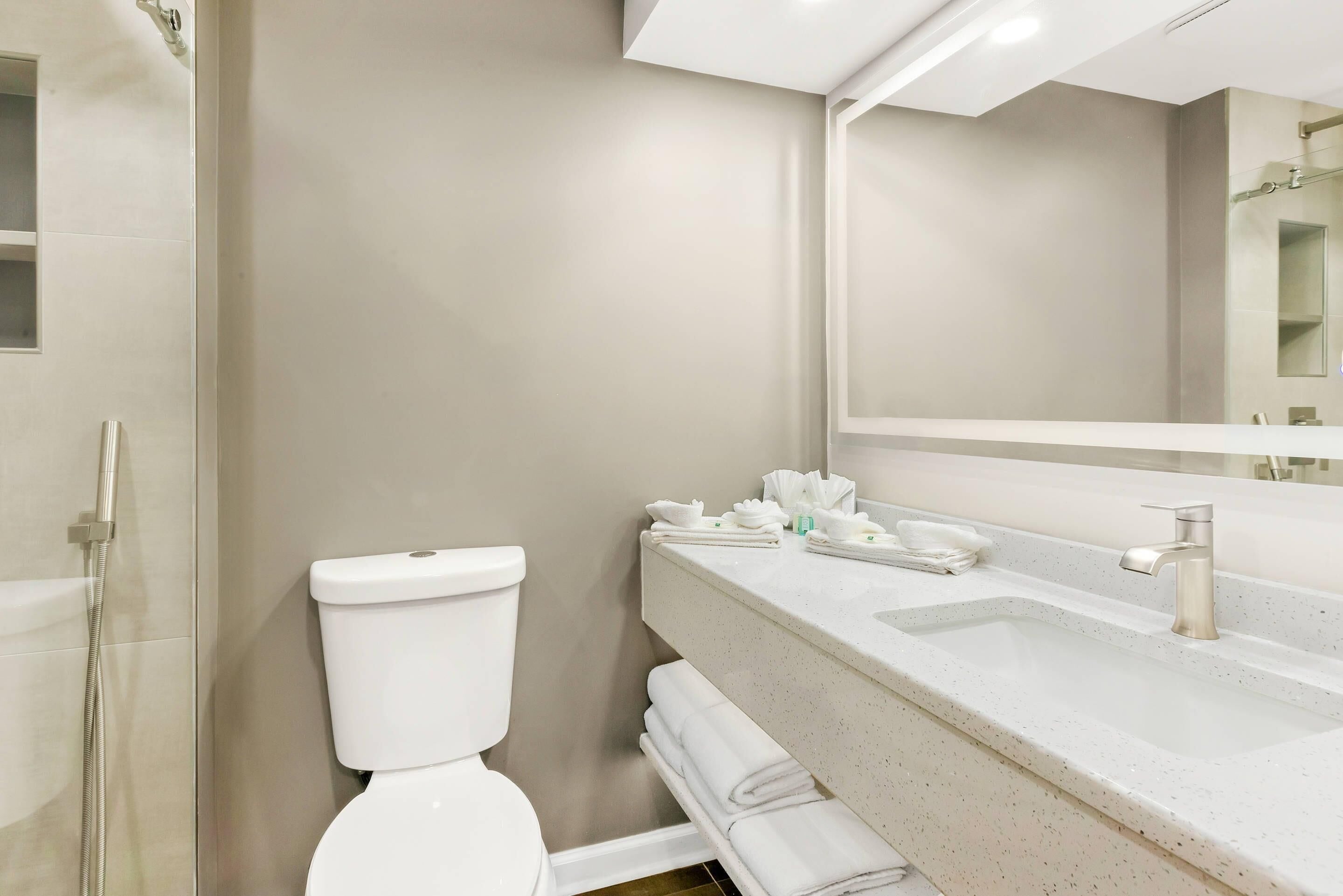 Un baño moderno con inodoro, lavamanos y ducha.