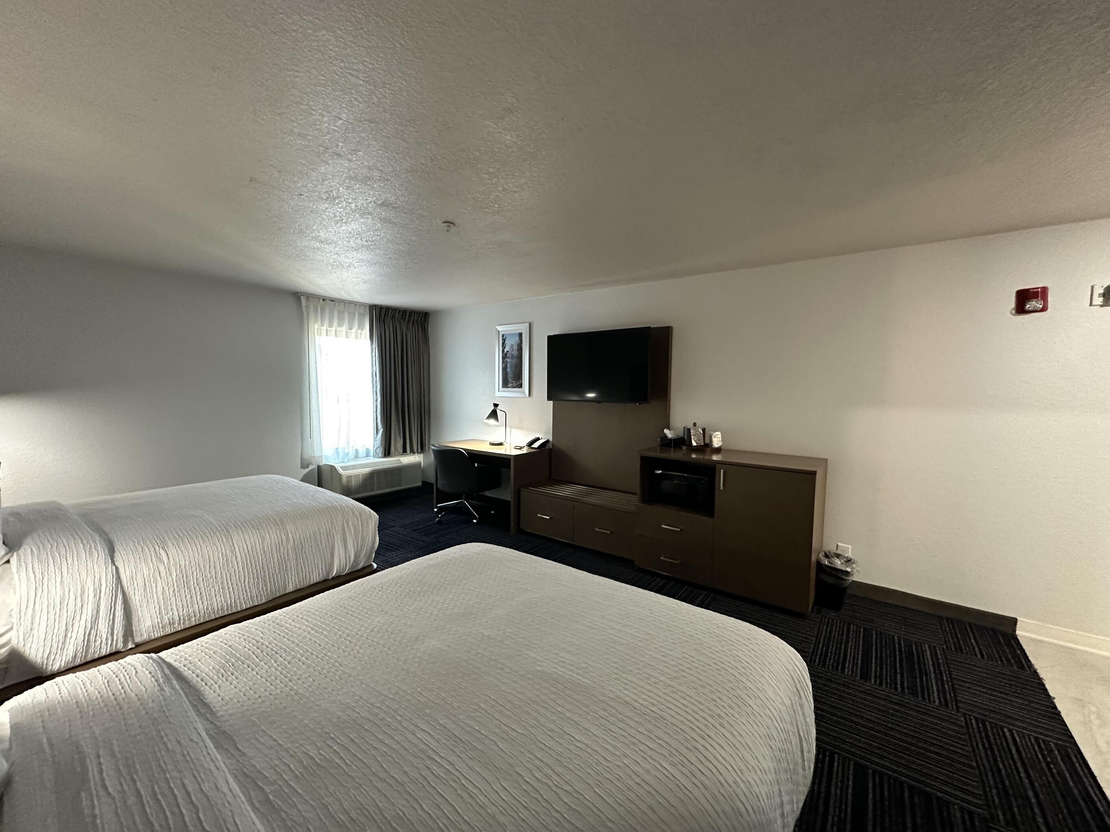 Une chambre d’hôtel avec deux lits, un bureau, une chaise, une télévision et une commode.