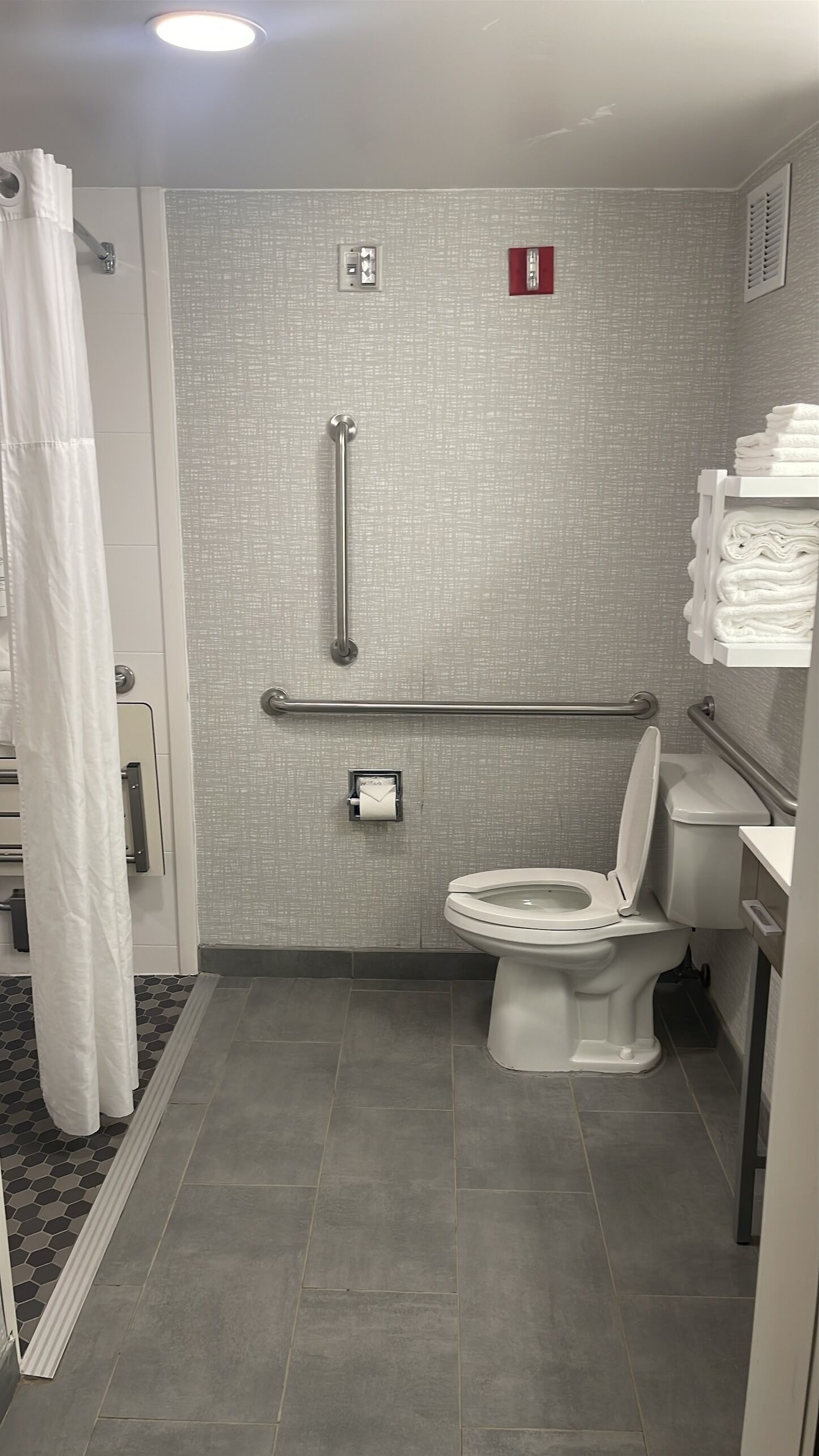 Een moderne badkamer met toilet, handgrepen, douche en handdoekrek.