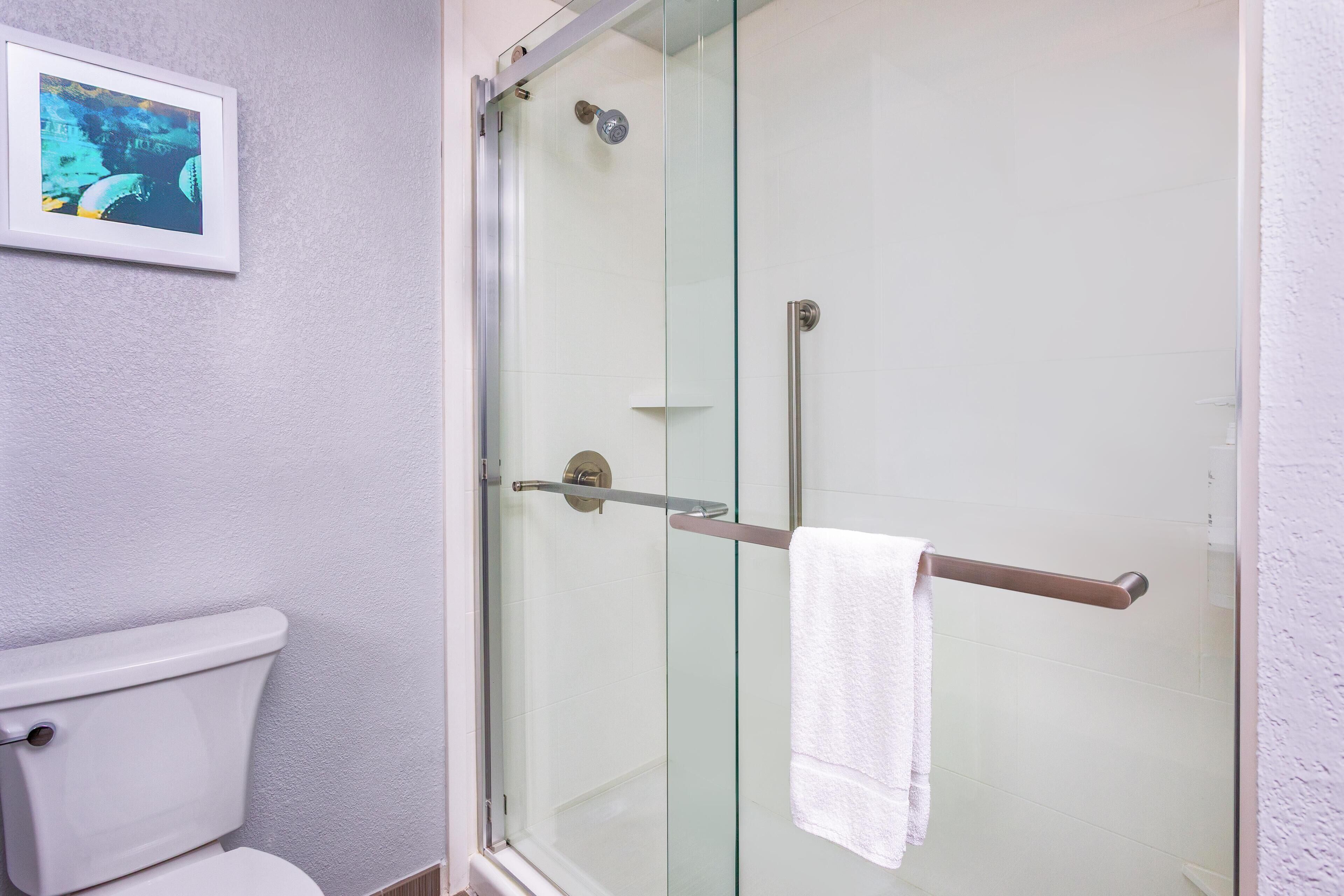 A bathroom with a glass shower enclosure, a white toilet, and a framed picture on the wall.