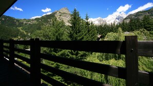 A wooden railing overlooking a mountainous landscape with dense forests and snow-capped peaks under a clear blue sky.