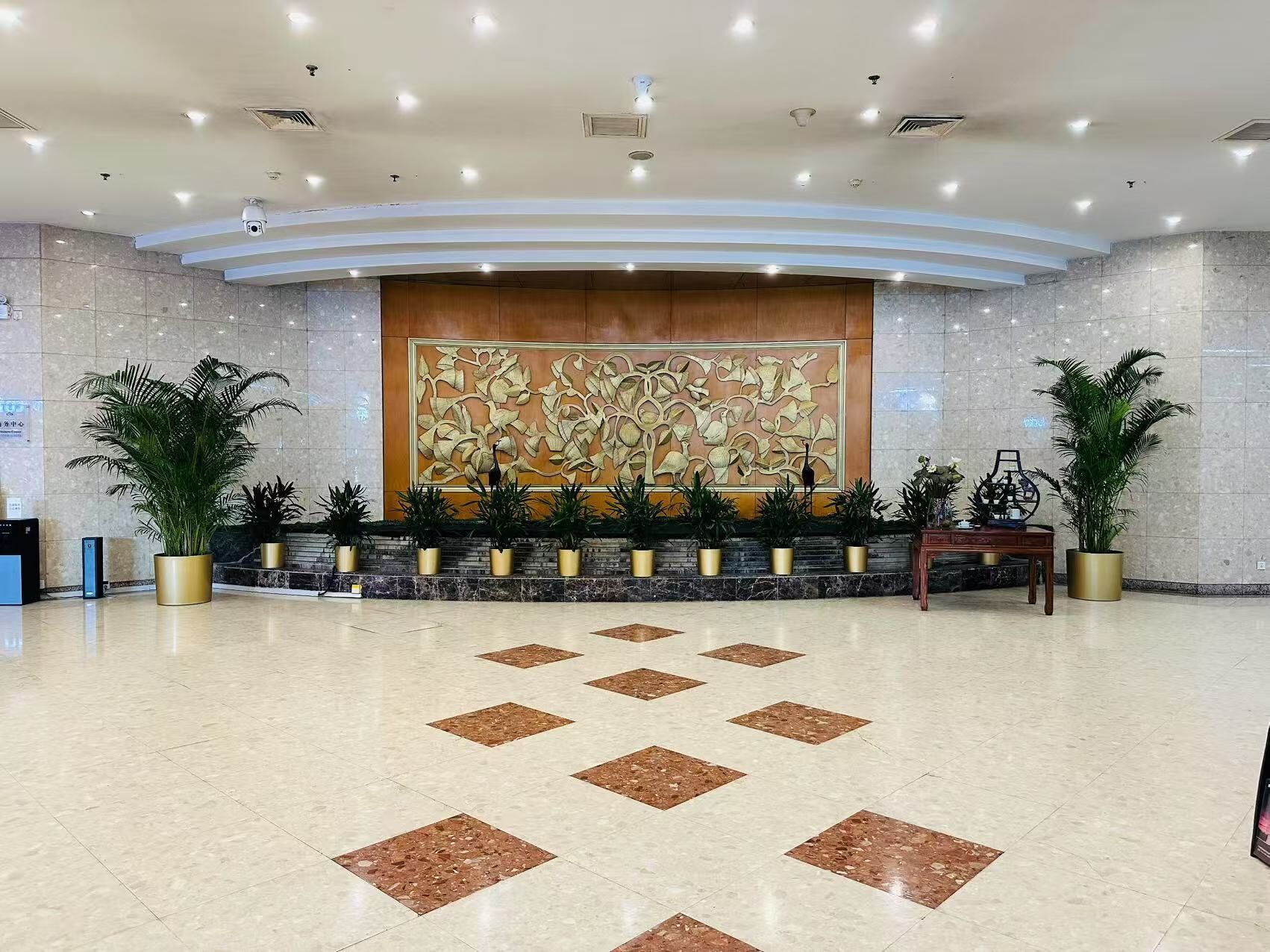 A spacious lobby with a large decorative wall, potted plants, and a patterned floor.
