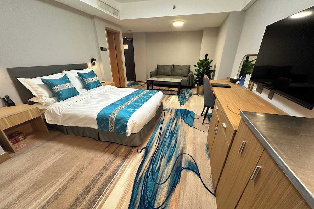 A hotel room with a bed, a desk, a TV, and a plant.