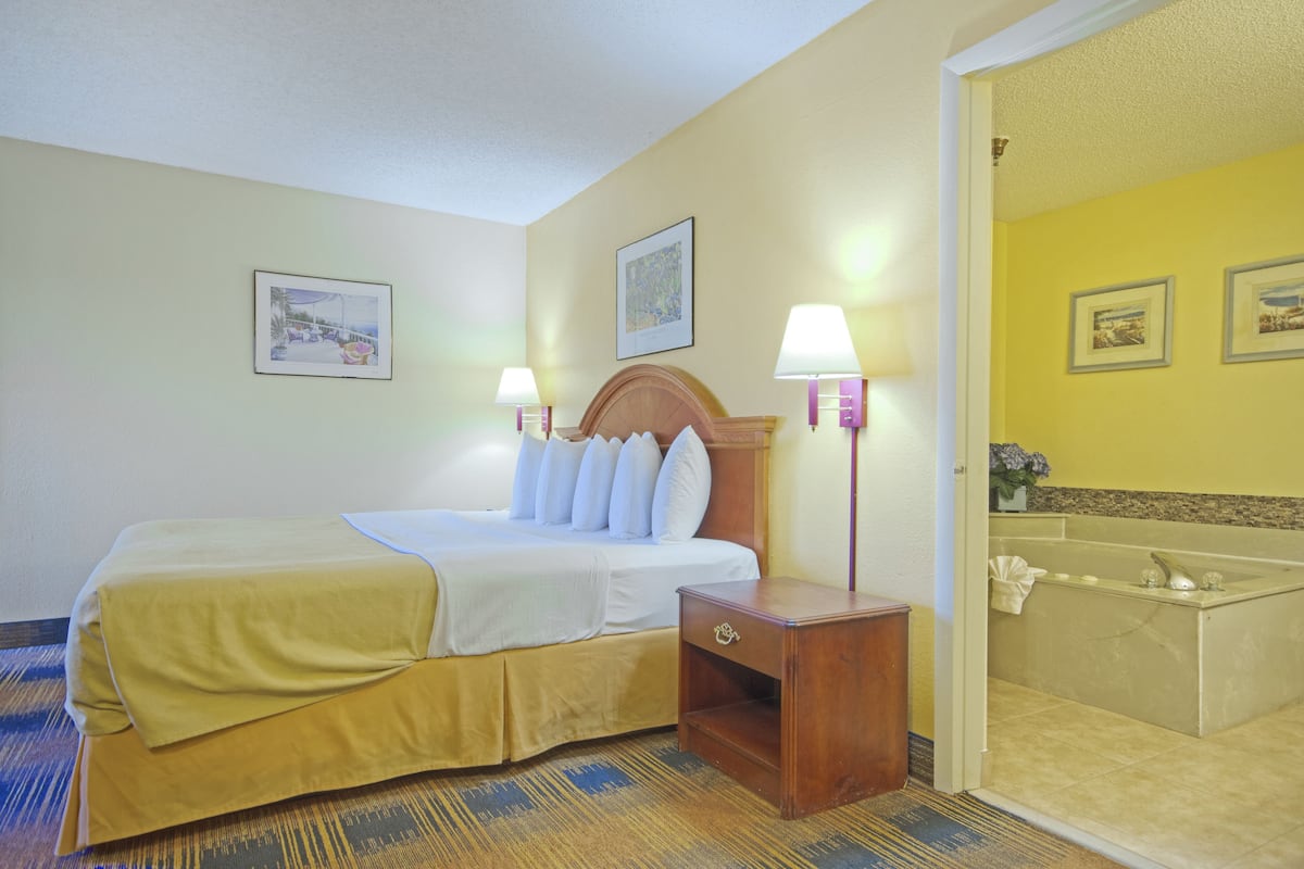 Une chambre d’hôtel avec un lit, une table de chevet, une lampe, un tableau au mur et une salle de bain avec une baignoire.