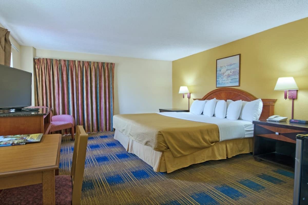 Une chambre d’hôtel équipée d’un lit, d’un bureau, d’une chaise, d’une télévision et d’une fenêtre avec des rideaux.