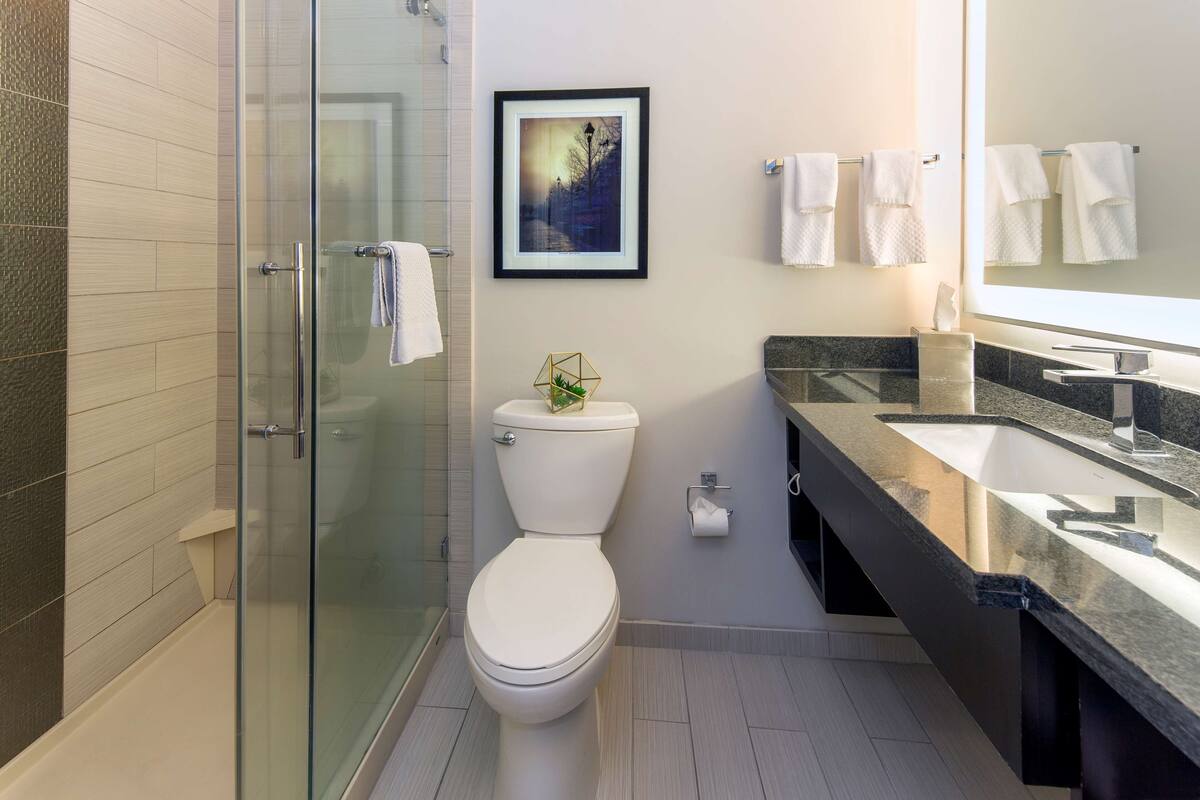 A modern bathroom with a glass shower enclosure, a toilet, a sink, and a framed picture on the wall.