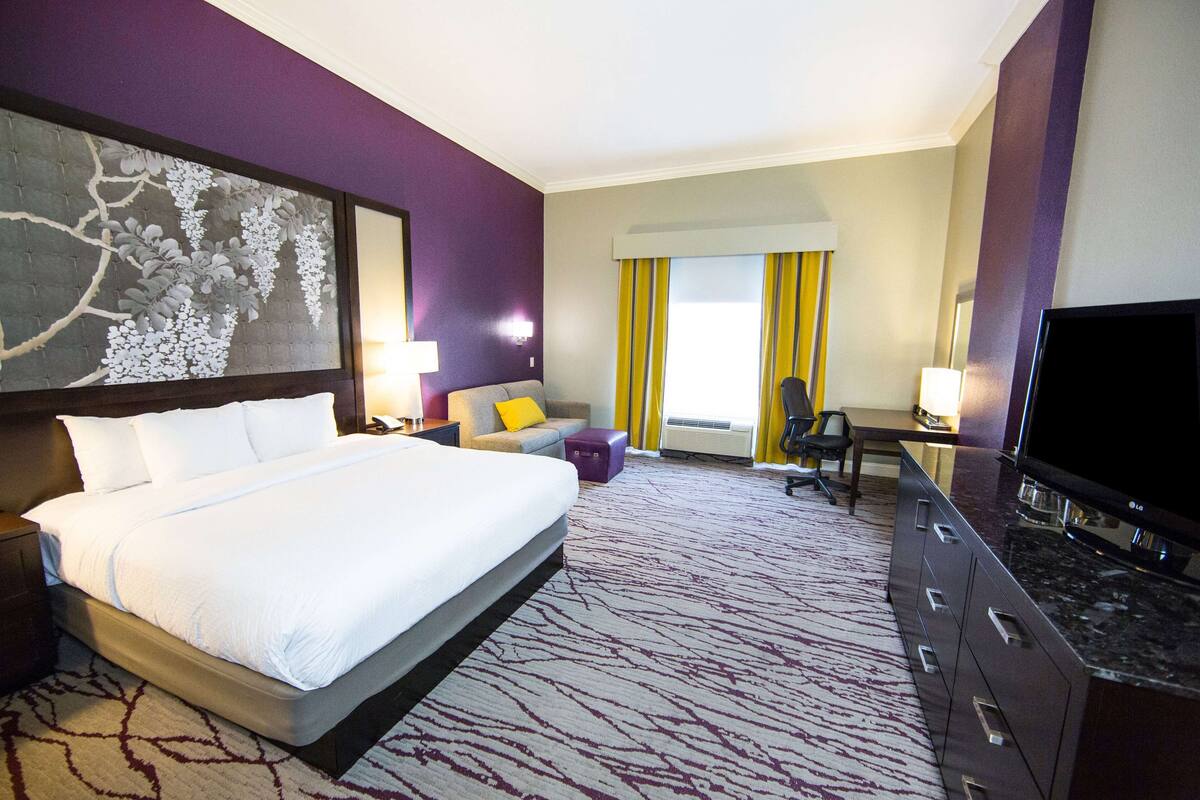 A hotel room with a large bed, a desk, a chair, a TV, and a painting on the wall.