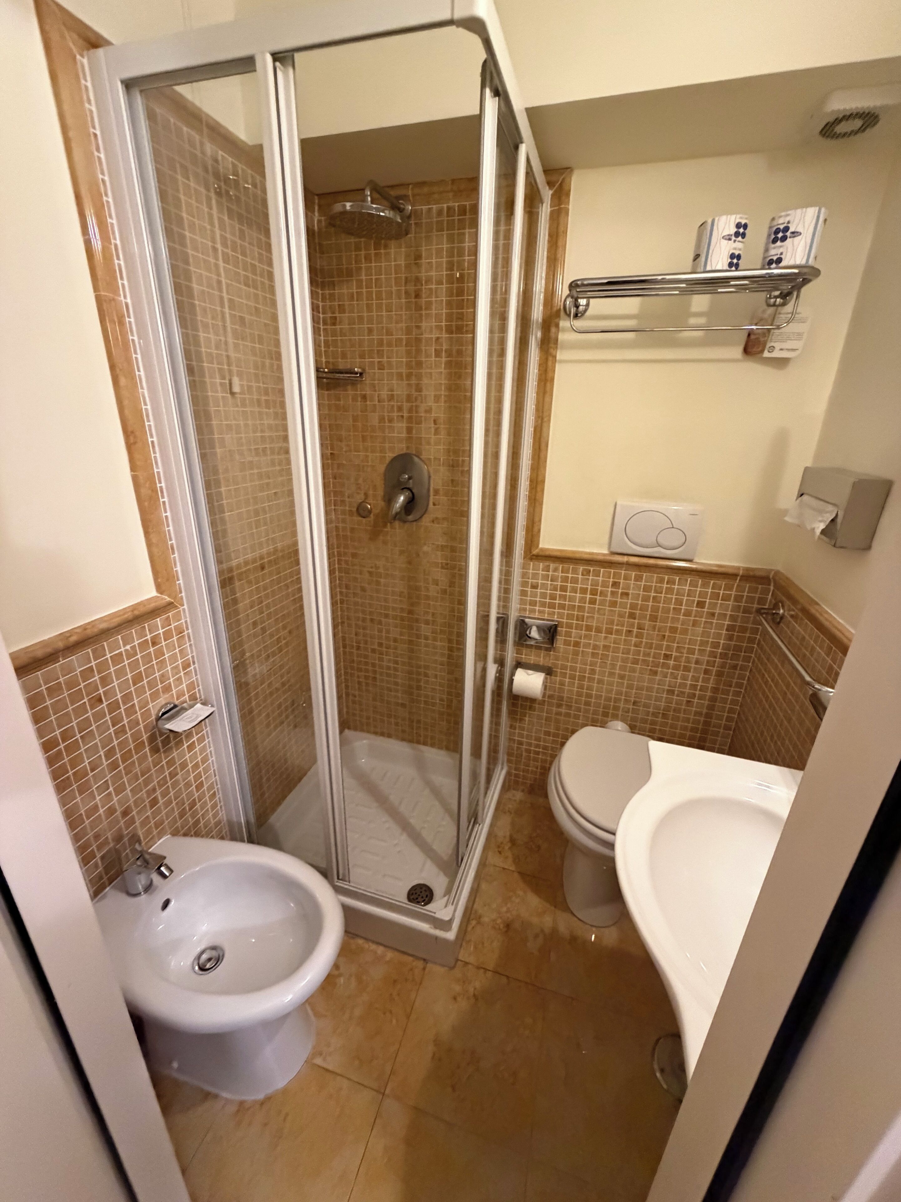 A bathroom with a glass-enclosed shower, a toilet, and a bidet.