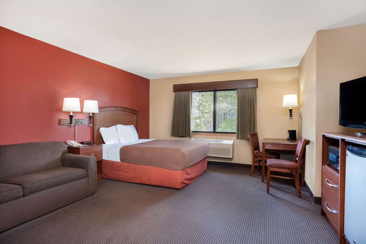A hotel room with a bed, a desk, a chair, a couch, and a television.