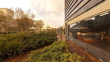 Un edificio moderno con fachada de vidrio, terraza de madera y jardín ajardinado con arbustos y árboles variados.