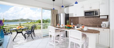 A modern kitchen with white cabinets, a granite countertop, and a view of a lake.