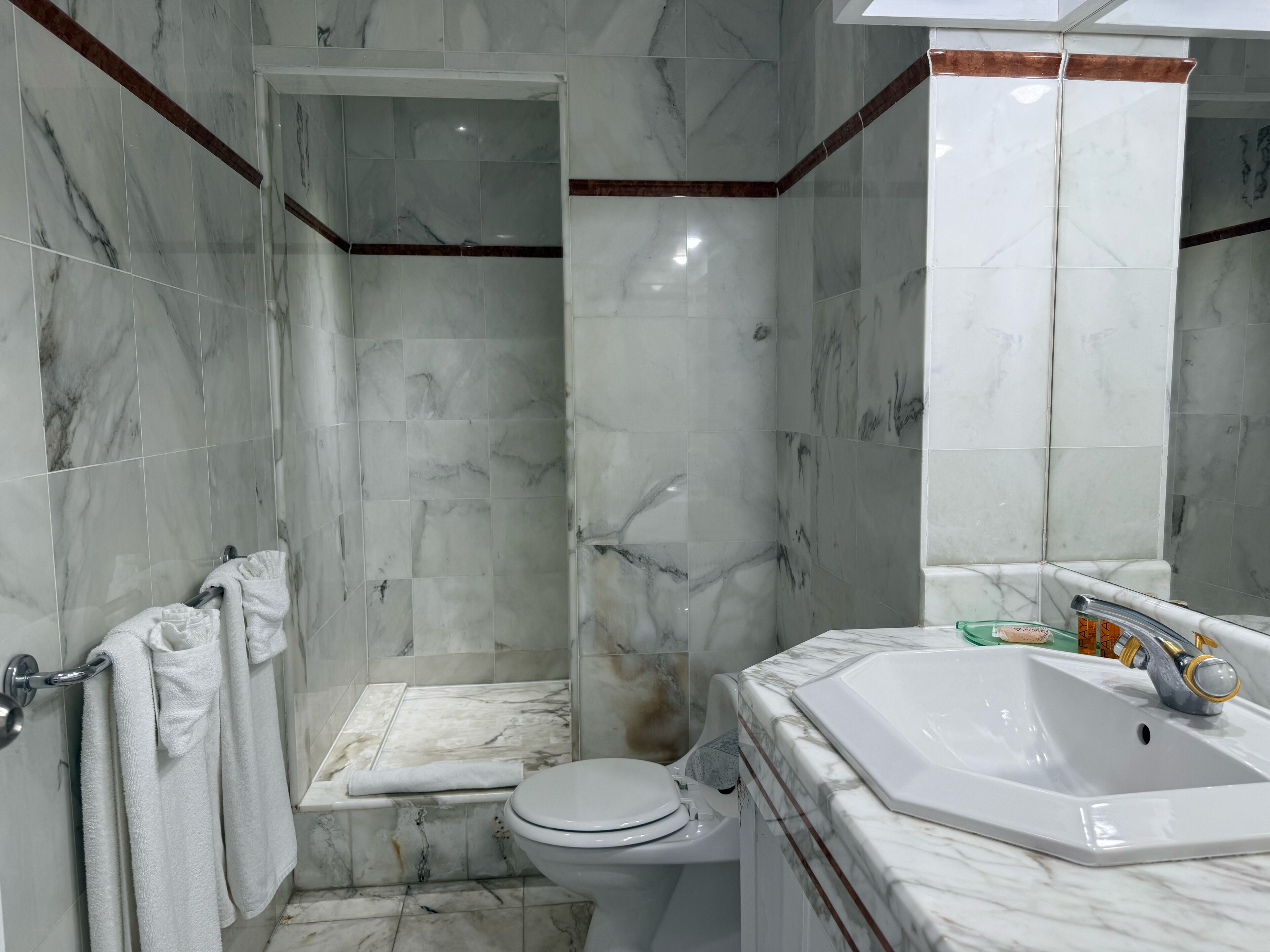 Ein Badezimmer mit Marmorboden, Toilette, Duschbereich und Waschbecken mit Spiegel.