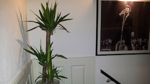 A staircase with a potted plant on a doormat, a framed photograph on the wall, and a door with a doorknob. - The Concert Hotel (Amsterdam)